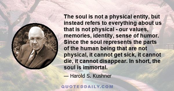 The soul is not a physical entity, but instead refers to everything about us that is not physical - our values, memories, identity, sense of humor. Since the soul represents the parts of the human being that are not