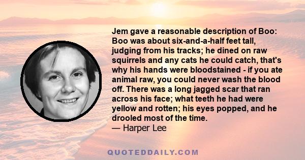 Jem gave a reasonable description of Boo: Boo was about six-and-a-half feet tall, judging from his tracks; he dined on raw squirrels and any cats he could catch, that's why his hands were bloodstained - if you ate