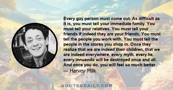 Every gay person must come out. As difficult as it is, you must tell your immediate family. You must tell your relatives. You must tell your friends if indeed they are your friends. You must tell the people you work