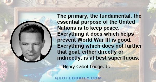 The primary, the fundamental, the essential purpose of the United Nations is to keep peace. Everything it does which helps prevent World War III is good. Everything which does not further that goal, either directly or