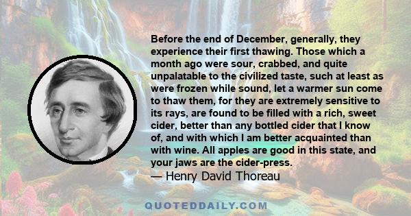 Before the end of December, generally, they experience their first thawing. Those which a month ago were sour, crabbed, and quite unpalatable to the civilized taste, such at least as were frozen while sound, let a