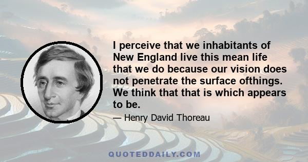 I perceive that we inhabitants of New England live this mean life that we do because our vision does not penetrate the surface ofthings. We think that that is which appears to be.