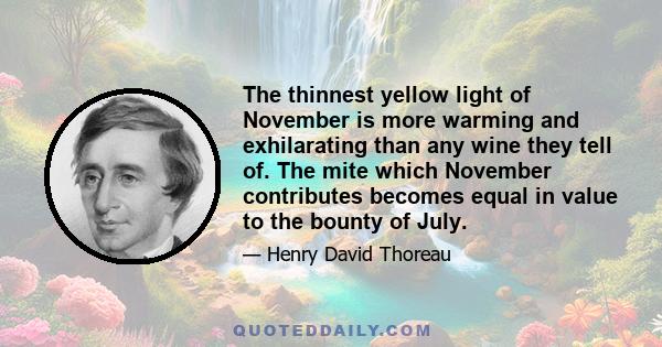 The thinnest yellow light of November is more warming and exhilarating than any wine they tell of. The mite which November contributes becomes equal in value to the bounty of July.