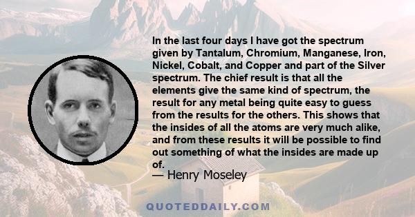 In the last four days I have got the spectrum given by Tantalum, Chromium, Manganese, Iron, Nickel, Cobalt, and Copper and part of the Silver spectrum. The chief result is that all the elements give the same kind of