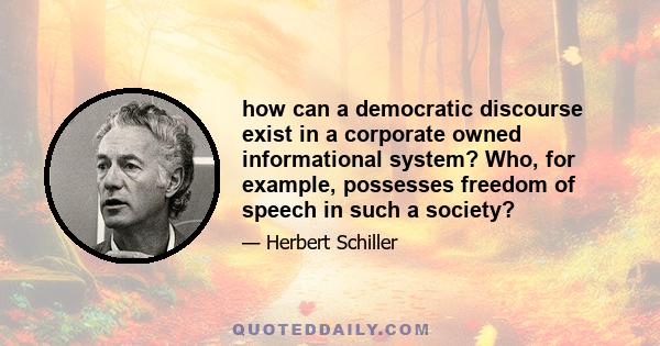 how can a democratic discourse exist in a corporate owned informational system? Who, for example, possesses freedom of speech in such a society?