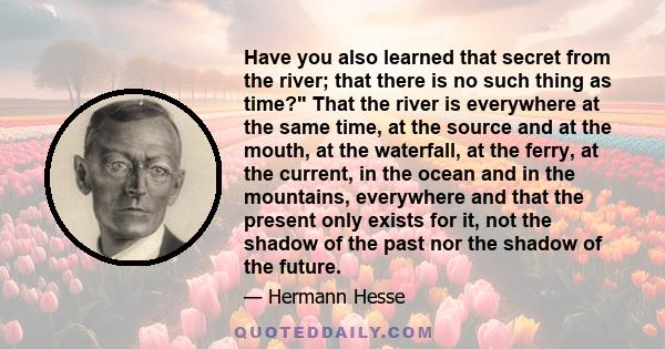 Have you also learned that secret from the river; that there is no such thing as time? That the river is everywhere at the same time, at the source and at the mouth, at the waterfall, at the ferry, at the current, in