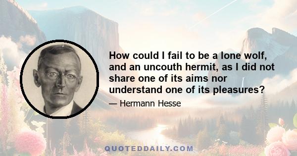 How could I fail to be a lone wolf, and an uncouth hermit, as I did not share one of its aims nor understand one of its pleasures?