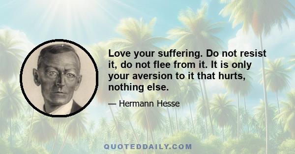 Love your suffering. Do not resist it, do not flee from it. It is only your aversion to it that hurts, nothing else.