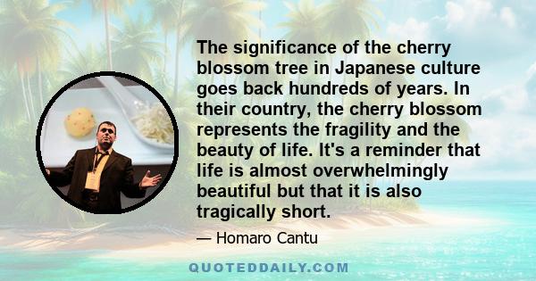 The significance of the cherry blossom tree in Japanese culture goes back hundreds of years. In their country, the cherry blossom represents the fragility and the beauty of life. It's a reminder that life is almost