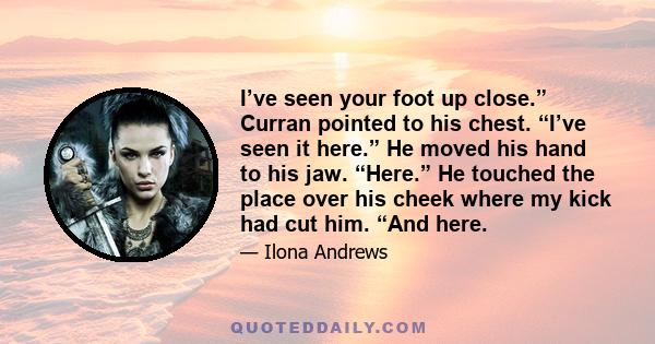 I’ve seen your foot up close.” Curran pointed to his chest. “I’ve seen it here.” He moved his hand to his jaw. “Here.” He touched the place over his cheek where my kick had cut him. “And here.