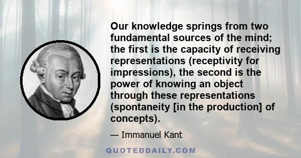 Our knowledge springs from two fundamental sources of the mind; the first is the capacity of receiving representations (receptivity for impressions), the second is the power of knowing an object through these