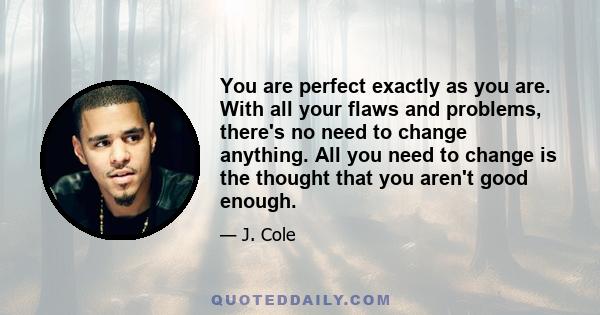 You are perfect exactly as you are. With all your flaws and problems, there's no need to change anything. All you need to change is the thought that you aren't good enough.