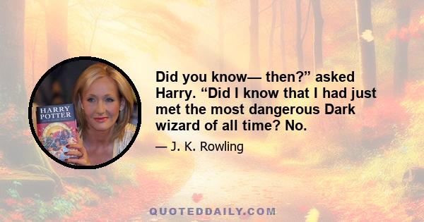 Did you know— then?” asked Harry. “Did I know that I had just met the most dangerous Dark wizard of all time? No.