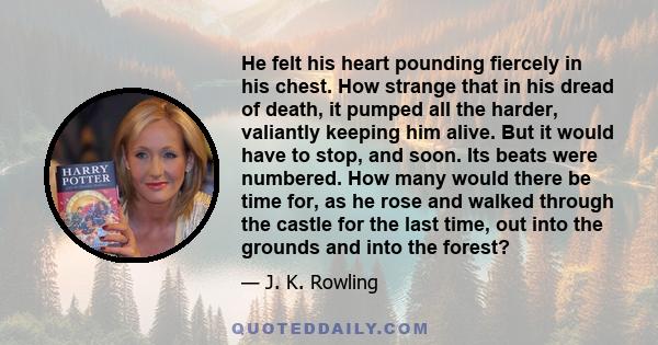 He felt his heart pounding fiercely in his chest. How strange that in his dread of death, it pumped all the harder, valiantly keeping him alive. But it would have to stop, and soon. Its beats were numbered. How many