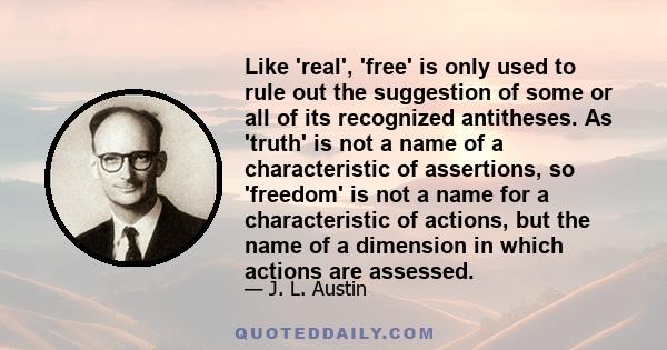 Like 'real', 'free' is only used to rule out the suggestion of some or all of its recognized antitheses. As 'truth' is not a name of a characteristic of assertions, so 'freedom' is not a name for a characteristic of