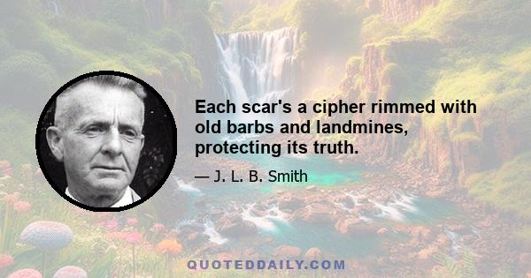 Each scar's a cipher rimmed with old barbs and landmines, protecting its truth.