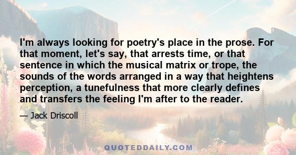 I'm always looking for poetry's place in the prose. For that moment, let's say, that arrests time, or that sentence in which the musical matrix or trope, the sounds of the words arranged in a way that heightens