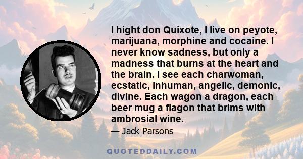 I hight don Quixote, I live on peyote, marijuana, morphine and cocaine. I never know sadness, but only a madness that burns at the heart and the brain. I see each charwoman, ecstatic, inhuman, angelic, demonic, divine.