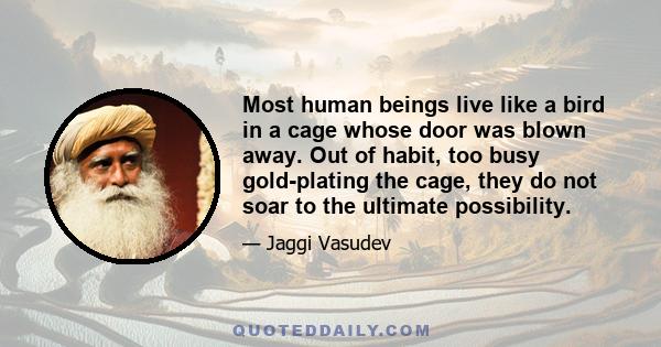 Most human beings live like a bird in a cage whose door was blown away. Out of habit, too busy gold-plating the cage, they do not soar to the ultimate possibility.