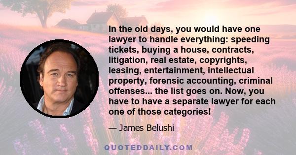 In the old days, you would have one lawyer to handle everything: speeding tickets, buying a house, contracts, litigation, real estate, copyrights, leasing, entertainment, intellectual property, forensic accounting,