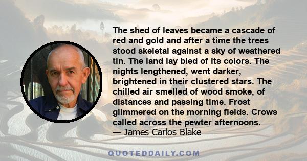 The shed of leaves became a cascade of red and gold and after a time the trees stood skeletal against a sky of weathered tin. The land lay bled of its colors. The nights lengthened, went darker, brightened in their