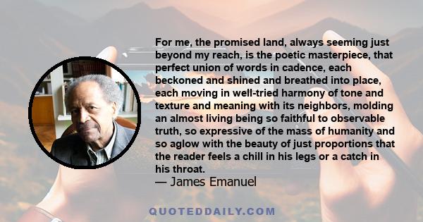 For me, the promised land, always seeming just beyond my reach, is the poetic masterpiece, that perfect union of words in cadence, each beckoned and shined and breathed into place, each moving in well-tried harmony of