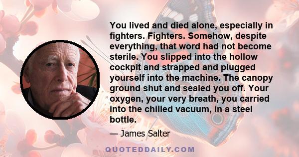 You lived and died alone, especially in fighters. Fighters. Somehow, despite everything, that word had not become sterile. You slipped into the hollow cockpit and strapped and plugged yourself into the machine. The