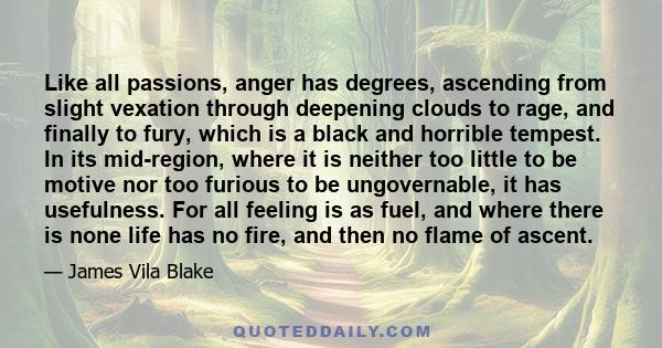 Like all passions, anger has degrees, ascending from slight vexation through deepening clouds to rage, and finally to fury, which is a black and horrible tempest. In its mid-region, where it is neither too little to be