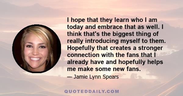 I hope that they learn who I am today and embrace that as well. I think that's the biggest thing of really introducing myself to them. Hopefully that creates a stronger connection with the fans that I already have and