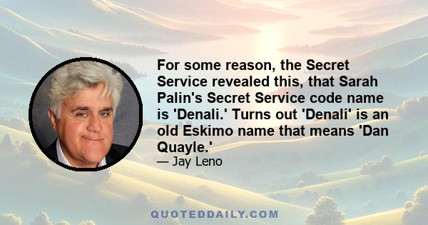 For some reason, the Secret Service revealed this, that Sarah Palin's Secret Service code name is 'Denali.' Turns out 'Denali' is an old Eskimo name that means 'Dan Quayle.'