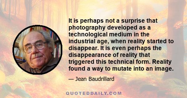 It is perhaps not a surprise that photography developed as a technological medium in the industrial age, when reality started to disappear. It is even perhaps the disappearance of reality that triggered this technical