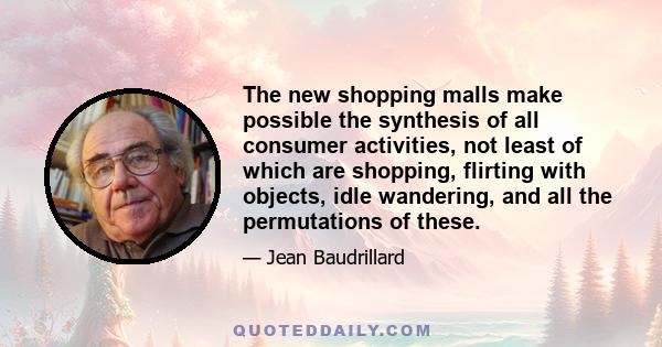 The new shopping malls make possible the synthesis of all consumer activities, not least of which are shopping, flirting with objects, idle wandering, and all the permutations of these.