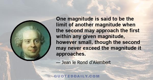 One magnitude is said to be the limit of another magnitude when the second may approach the first within any given magnitude, however small, though the second may never exceed the magnitude it approaches.