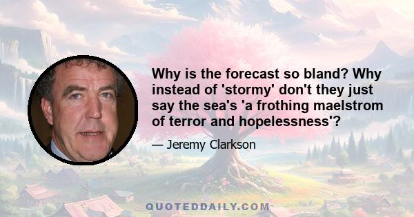 Why is the forecast so bland? Why instead of 'stormy' don't they just say the sea's 'a frothing maelstrom of terror and hopelessness'?