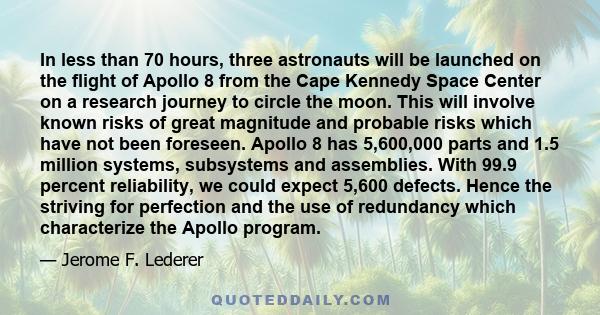 In less than 70 hours, three astronauts will be launched on the flight of Apollo 8 from the Cape Kennedy Space Center on a research journey to circle the moon. This will involve known risks of great magnitude and