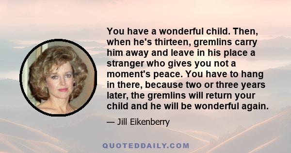 You have a wonderful child. Then, when he's thirteen, gremlins carry him away and leave in his place a stranger who gives you not a moment's peace. You have to hang in there, because two or three years later, the