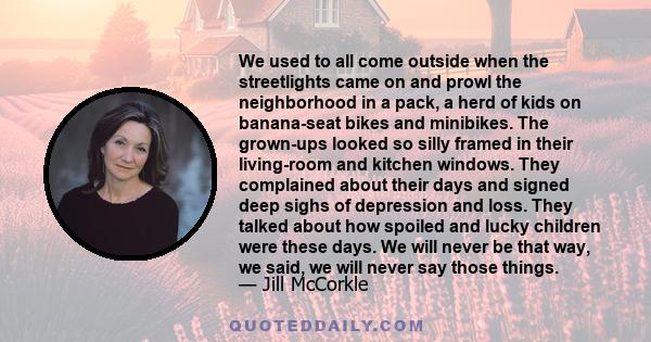 We used to all come outside when the streetlights came on and prowl the neighborhood in a pack, a herd of kids on banana-seat bikes and minibikes. The grown-ups looked so silly framed in their living-room and kitchen