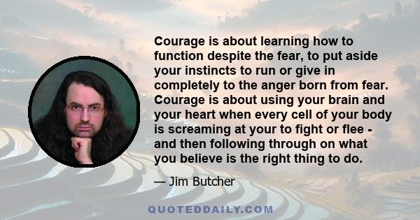 Courage is about learning how to function despite the fear, to put aside your instincts to run or give in completely to the anger born from fear. Courage is about using your brain and your heart when every cell of your