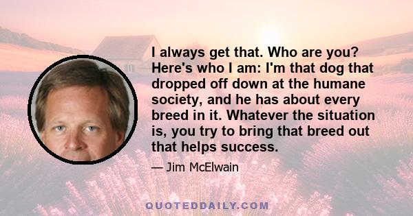 I always get that. Who are you? Here's who I am: I'm that dog that dropped off down at the humane society, and he has about every breed in it. Whatever the situation is, you try to bring that breed out that helps