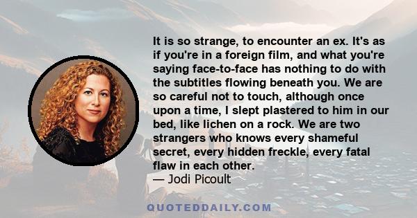 It is so strange, to encounter an ex. It's as if you're in a foreign film, and what you're saying face-to-face has nothing to do with the subtitles flowing beneath you. We are so careful not to touch, although once upon 