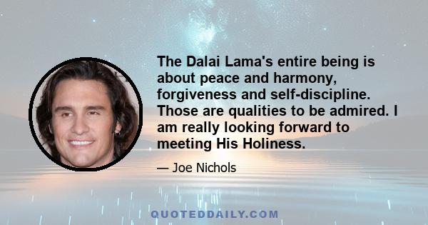 The Dalai Lama's entire being is about peace and harmony, forgiveness and self-discipline. Those are qualities to be admired. I am really looking forward to meeting His Holiness.