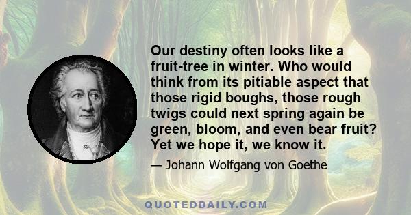 Our destiny often looks like a fruit-tree in winter. Who would think from its pitiable aspect that those rigid boughs, those rough twigs could next spring again be green, bloom, and even bear fruit? Yet we hope it, we