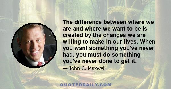 The difference between where we are and where we want to be is created by the changes we are willing to make in our lives. When you want something you've never had, you must do something you've never done to get it.