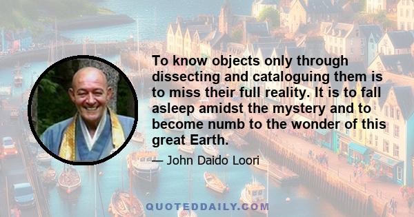 To know objects only through dissecting and cataloguing them is to miss their full reality. It is to fall asleep amidst the mystery and to become numb to the wonder of this great Earth.