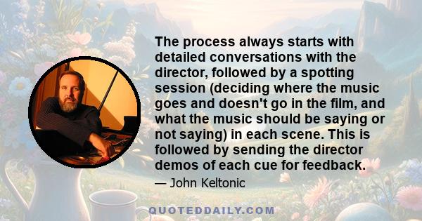 The process always starts with detailed conversations with the director, followed by a spotting session (deciding where the music goes and doesn't go in the film, and what the music should be saying or not saying) in