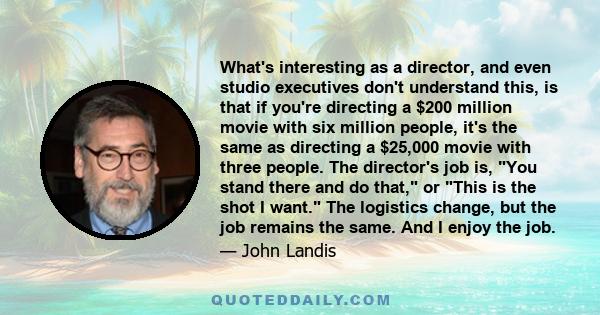 What's interesting as a director, and even studio executives don't understand this, is that if you're directing a $200 million movie with six million people, it's the same as directing a $25,000 movie with three people. 