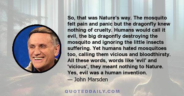 So, that was Nature's way. The mosquito felt pain and panic but the dragonfly knew nothing of cruelty. Humans would call it evil, the big dragonfly destroying the mosquito and ignoring the little insects suffering. Yet