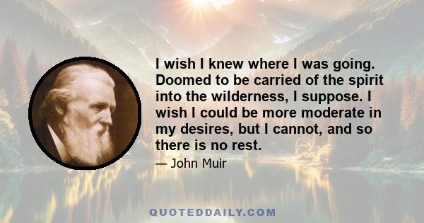 I wish I knew where I was going. Doomed to be carried of the spirit into the wilderness, I suppose. I wish I could be more moderate in my desires, but I cannot, and so there is no rest.