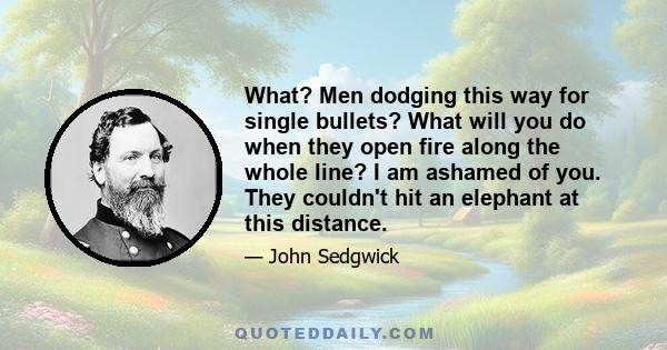 What? Men dodging this way for single bullets? What will you do when they open fire along the whole line? I am ashamed of you. They couldn't hit an elephant at this distance.