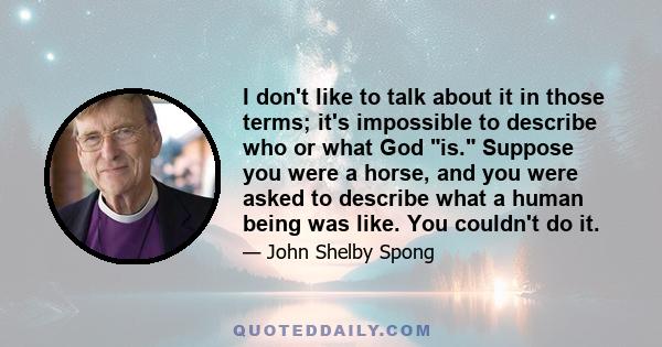 I don't like to talk about it in those terms; it's impossible to describe who or what God is. Suppose you were a horse, and you were asked to describe what a human being was like. You couldn't do it.